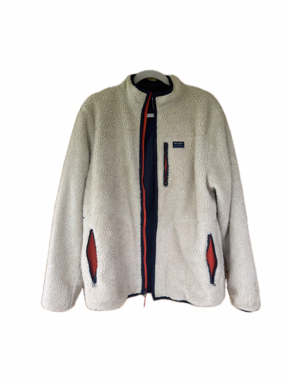 Old Navy Men's Retro Sherpa Fleece Pile Jacket Cream/Navy Blue Trim Size Large